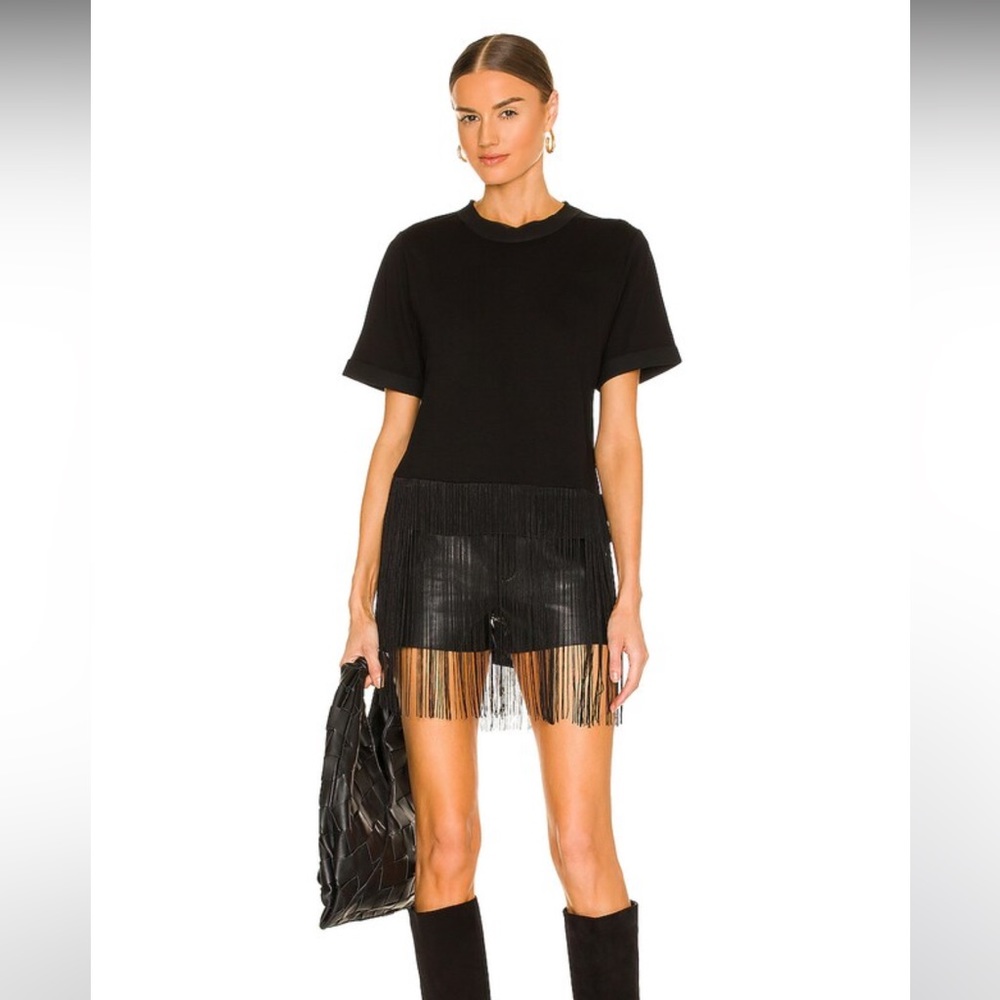 Black Short Sleeve Fringe Hem Tee - Women's Top